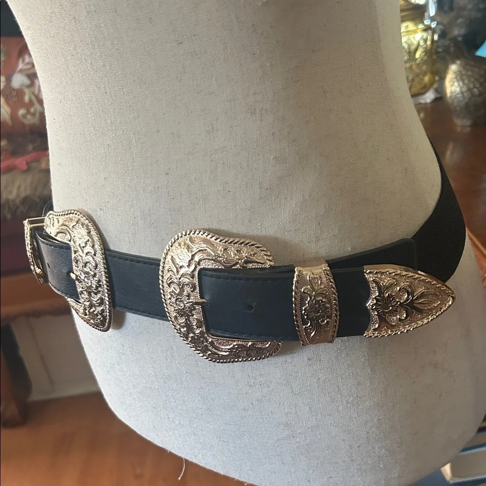 Western Double Gold Buckle Black Stretch Belt